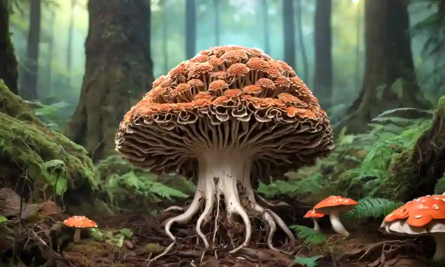 Un hongo de maitake brotando de raíces terrenales en un entorno bosque vibrante.