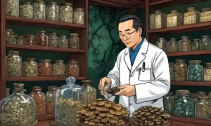 Médico chino que examina los hongos medicinales en un entorno tradicional de apothecary.