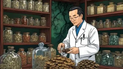 Médico chino que examina los hongos medicinales en un entorno tradicional de apothecary.