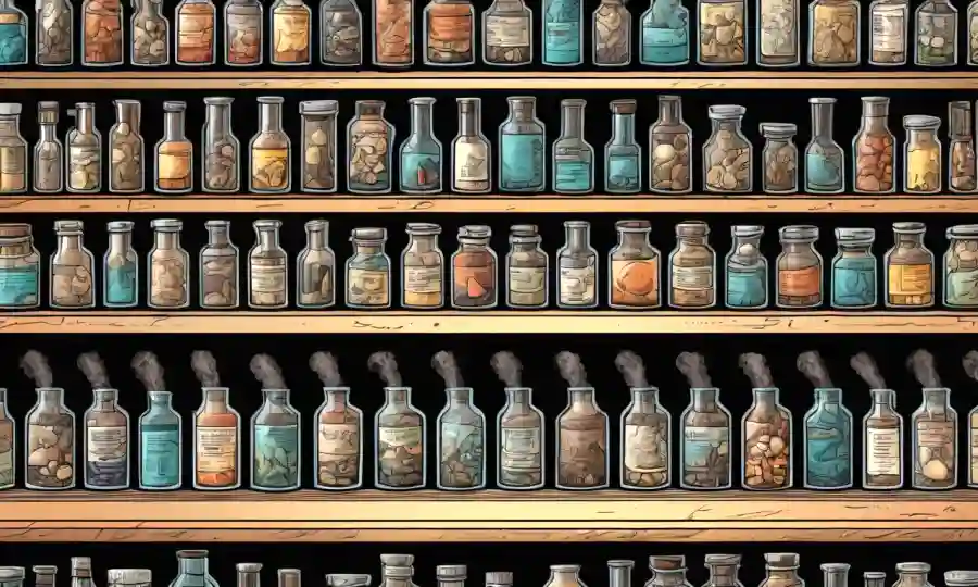 Estantes apiladas con botellas de extracto de hongos, rodeadas de beakers y gráficos científicos.