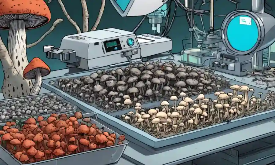 Disparo de varios hongos con equipos de laboratorio e ilustraciones cerebrales en el fondo.