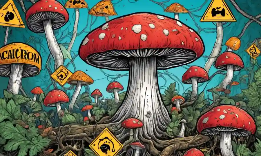Una ilustración de hongos rodeada de señales de precaución y diagramas que muestran conexiones cerebrales.