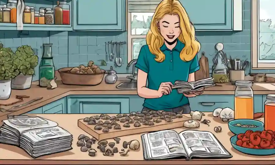 Person slicing hongos en mostrador de cocina con libros de recetas y suplementos cercanos.