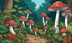 Setas y hojas que crecen en un entorno natural.