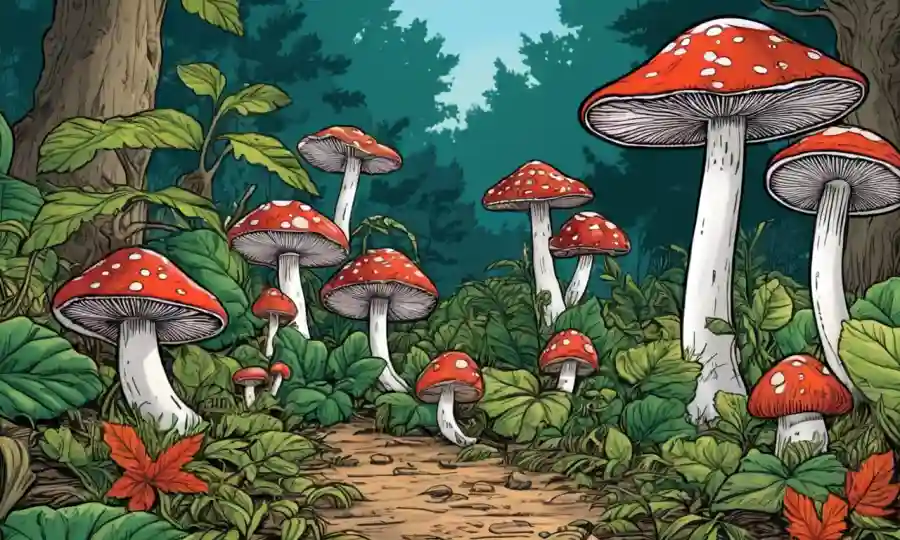 Setas y hojas que crecen en un entorno natural.