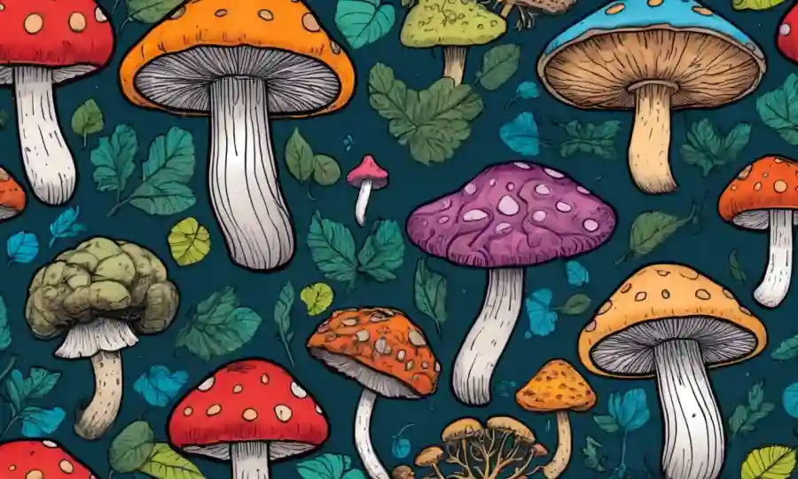 Cierre de varios hongos coloridos con conexiones cerebrales formadas en el fondo, transmitiendo una mejor salud cognitiva.