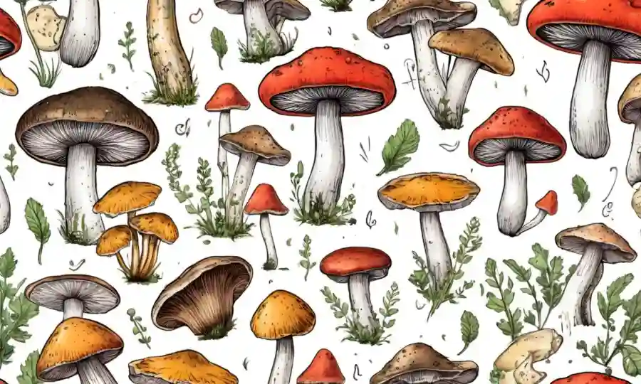 Una selección de hongos coloridos en un fondo blanco con notas nutricionales y flechas.