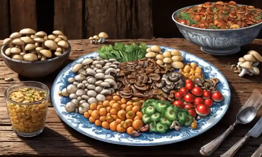 Un plato rebosante de varios hongos y alimentos saludables, ubicado en un cálido fondo rústico.