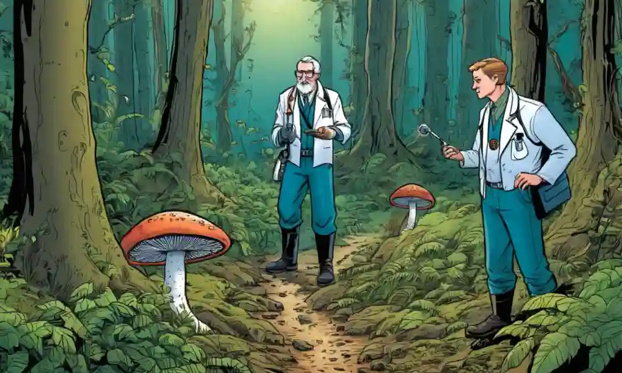 Científicos observando y recolectando hongos parasitarios en un entorno forestal.