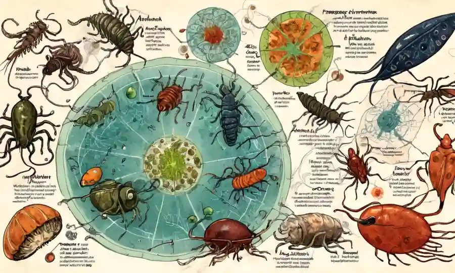 Ilustraciones de parásitos rodeadas de cartas relacionadas con la salud.