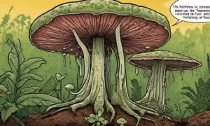 Ilustración de hongos parasitarios en plantas con infografías explicando sus efectos ambientales negativos.