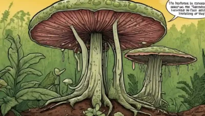 Ilustración de hongos parasitarios en plantas con infografías explicando sus efectos ambientales negativos.