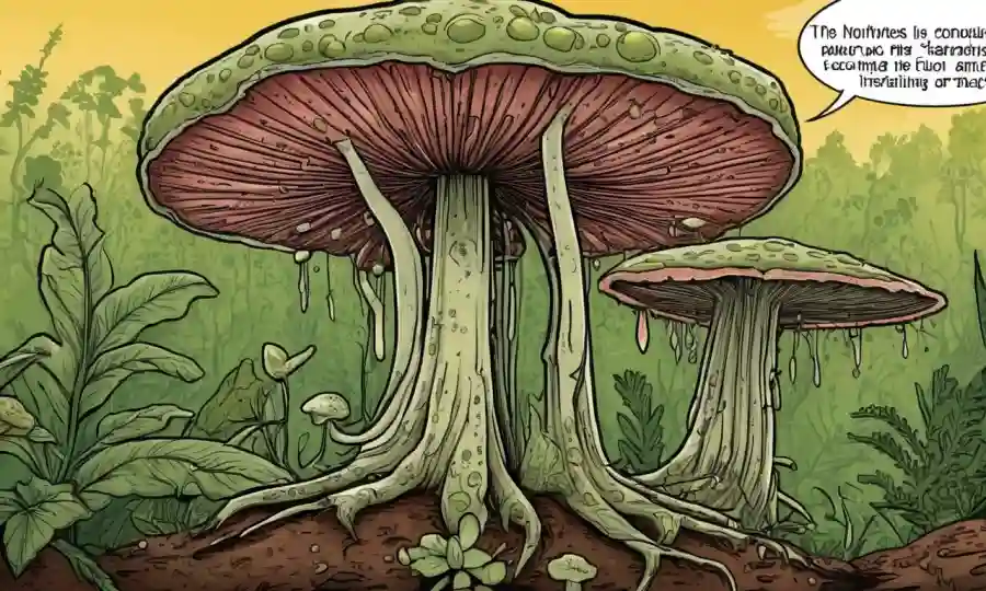 Ilustración de hongos parasitarios en plantas con infografías explicando sus efectos ambientales negativos.