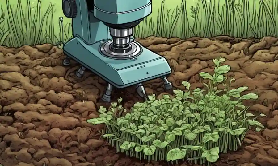 Un microscopio muestra parásitos fúngicos que infectan las raíces de las plantas en medio de campos agrícolas exuberantes.