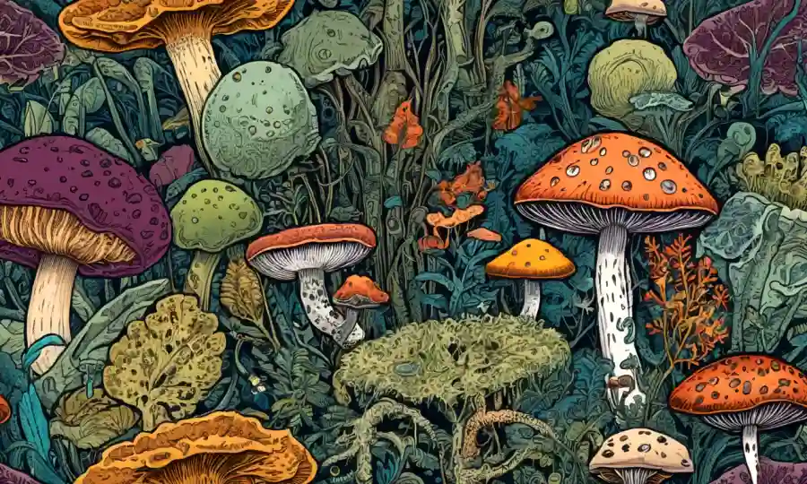 Ilustración colorida de hongos parasitizando diversos organismos