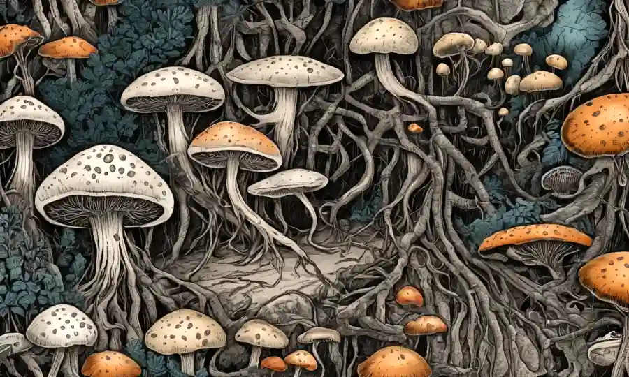 Fungi creciendo fuera de raíces vegetales con detalles microscópicos de redes fúngicas.