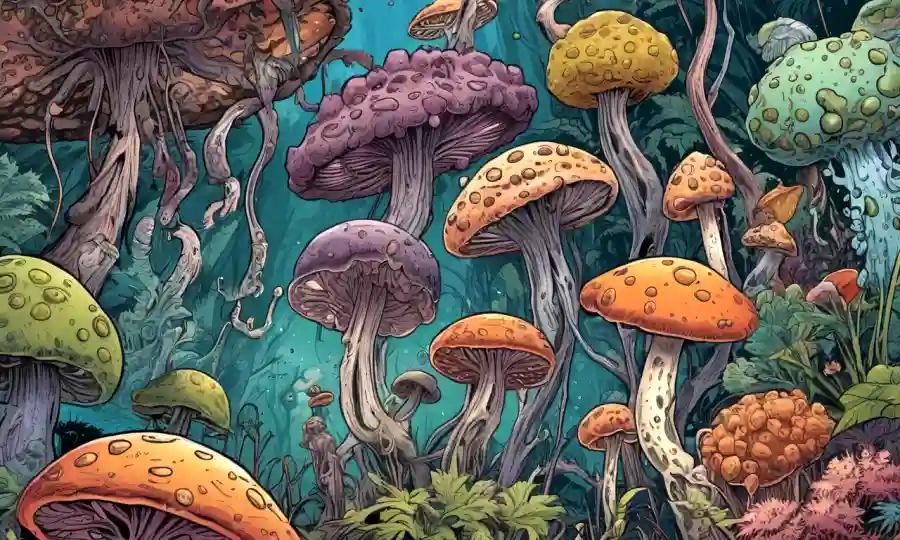 Ilustración colorida de hongos parásitos interactuando con organismos vivos en contexto médico.