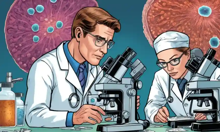 Médicos que examinan muestras bajo microscopios con ilustraciones de hongos y estadísticas de salud humana.
