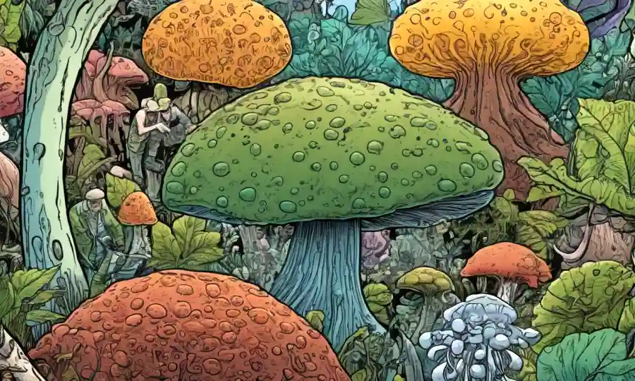 Imagen microscópica de hongos con ilustraciones humanas y vegetales que la rodean.