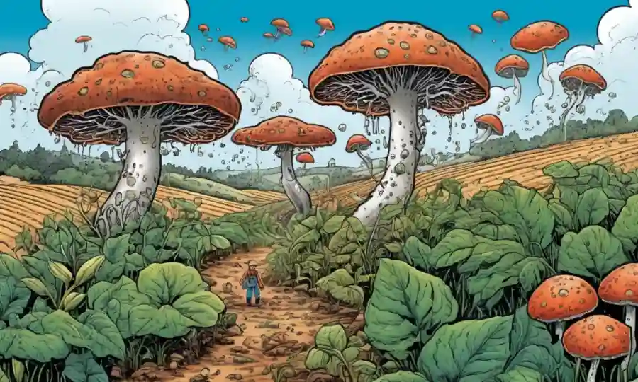 Ilustraciones científicas de patógenos hongos en entornos agrícolas y diagramas de manejo de plagas.