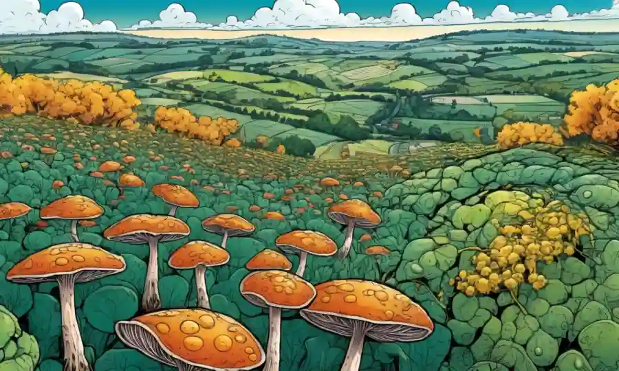 Estructuras microscópicas de hongos atacando células vegetales en medio del paisaje agrícola.