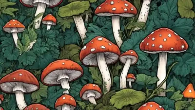 Una imagen de cerca de varios hongos venenosos o venenosos que crecen.