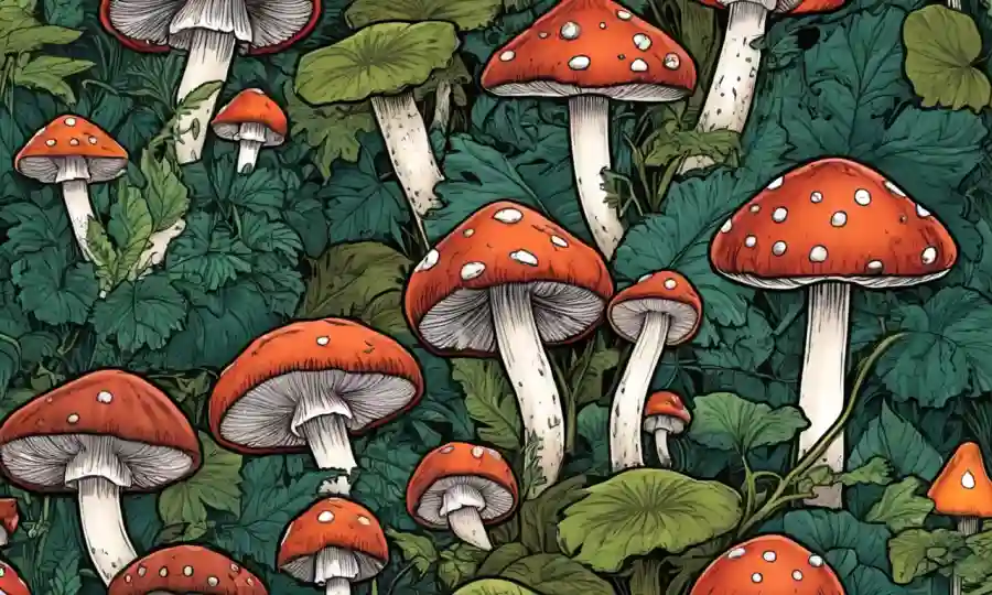 Una imagen de cerca de varios hongos venenosos o venenosos que crecen.