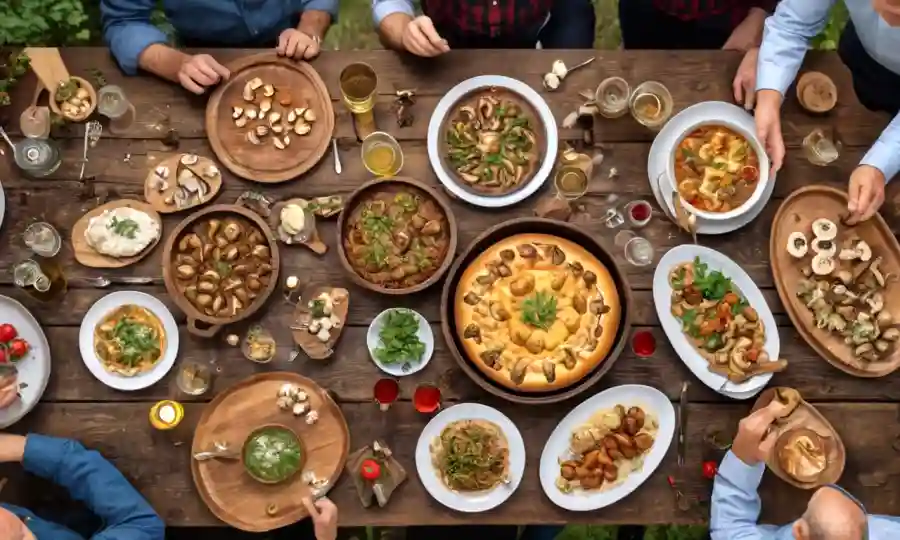 La gente disfruta felizmente de varios tipos de hongos con platos alemanes tradicionales en platos de madera.