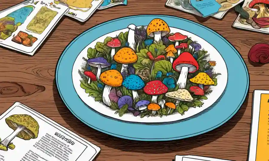 Un arreglo colorido de hongos en una placa vegana con tarjetas de receta alrededor.