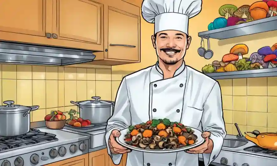 Chef vegano con platos de hongos vibrantes en un ambiente de cocina.