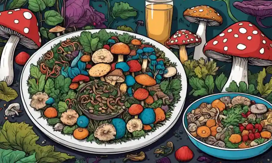 Setas en varios colores y formas dispuestas alrededor de un plato vegano o receta.