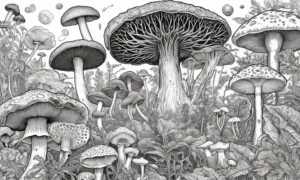 Un acercamiento de varias especies de hongos psicodélicos rodeado de escaneos cerebrales y diagramas científicos.