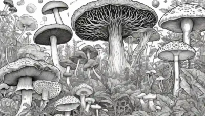 Un acercamiento de varias especies de hongos psicodélicos rodeado de escaneos cerebrales y diagramas científicos.