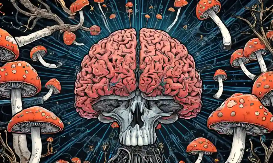 Una ilustración cerebral rodeada de setas psicodélicas con neuronas y circuitos visibles.