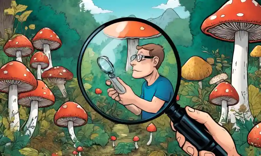 Una persona mirando varios hongos a través de una lupa, rodeada de naturaleza.