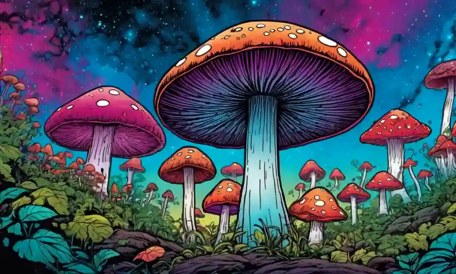 Un hongo creciendo desde un fondo psicodélico con colores vibrantes.