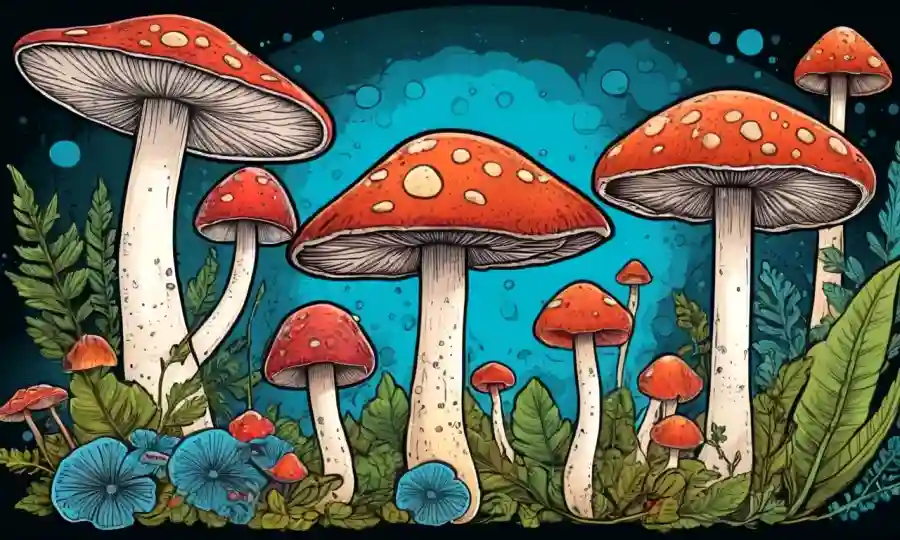 Vibrant hongos o ilustraciones de hongos con secciones etiquetadas y fórmulas químicas.