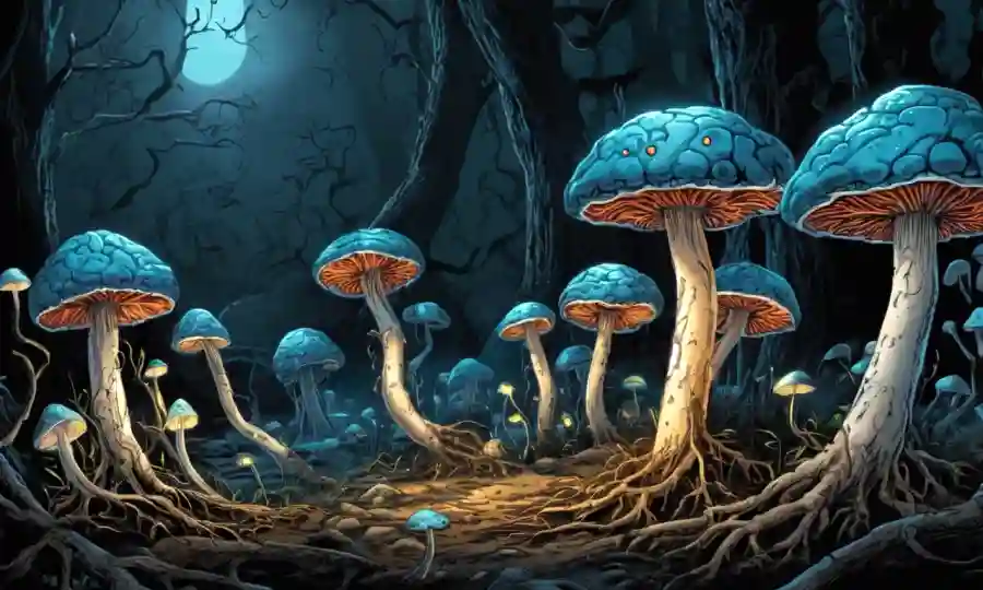 Fungi creciendo entre formas inspiradas en el cerebro, con gorros brillantes y raíces.