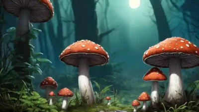 Setas creciendo en un entorno natural con un brillo sutil de fondo