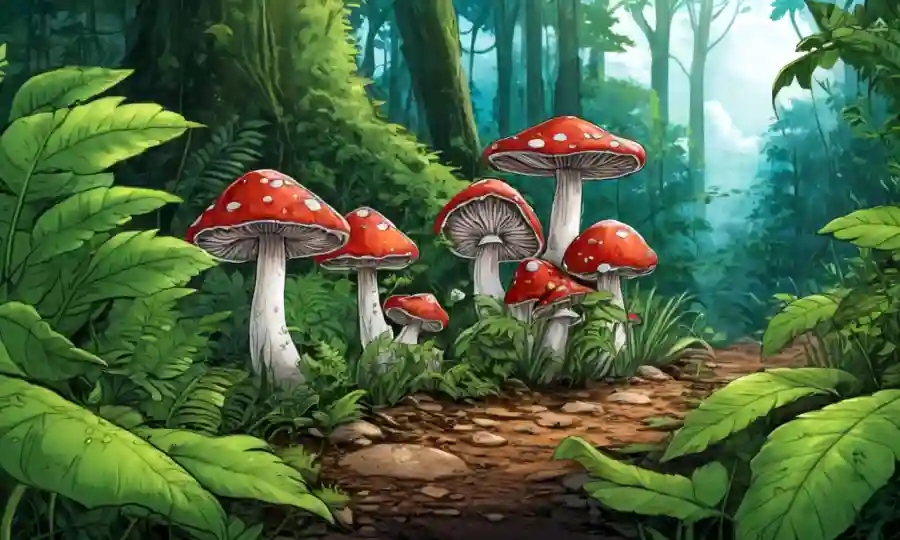 Setas creciendo entre vegetación exuberante en un ambiente natural.