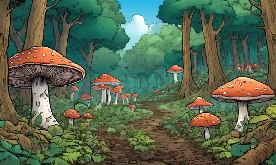 Una escena forestal con hongos que florecen entre los árboles, destacando su papel en la agricultura sostenible y la salud del suelo.