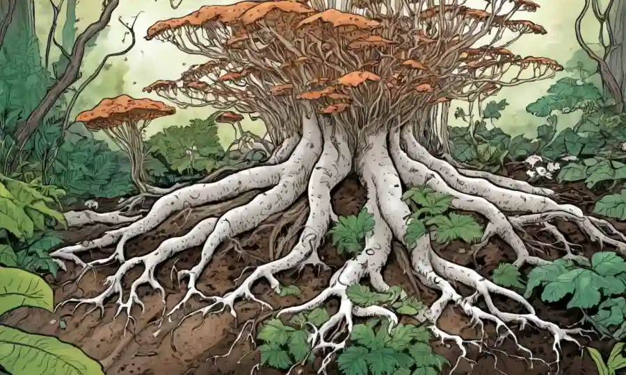 Una imagen de cierre de micelio (fungi) envolviendo las raíces vegetales en un jardín, transmitiendo simbiosis.