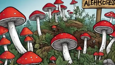 Imagen de varios hongos con señales de advertencia o rojo Xs alrededor de ellos para significar peligros para grupos específicos (por ejemplo