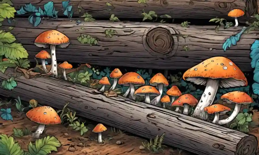 hongos coloridos creciendo en troncos de madera descomposición con ilustraciones detalladas de sus estructuras.