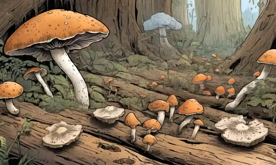 Una foto de cerca de varios hongos descomponiendo madera, con ilustraciones y diagramas en el fondo.