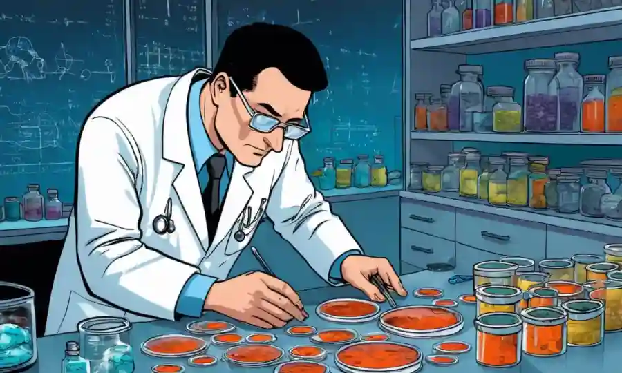 Un científico que examina los platos Petri llenos de hongos, con gráficos y gráficos de datos en el fondo.