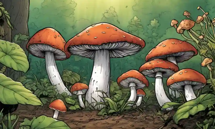 Fotos de cerca de varios hongos creciendo en ambientes al aire libre.