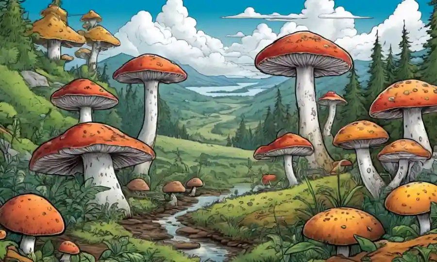 Una ilustración de varias especies de hongos resilientes en medio de paisajes naturales.