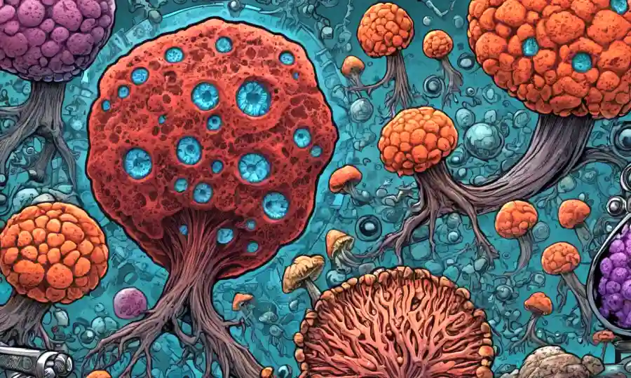 Imágenes coloridas del microscopio de estructuras fúngicas en medio del texto sobre mecanismos de resistencia.
