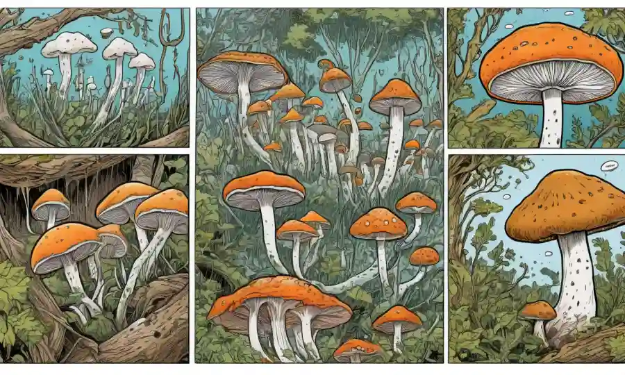 Imágenes cercanas de morfología de hongos, con capciones que ilustran la respuesta al estrés y los mecanismos de adaptación.